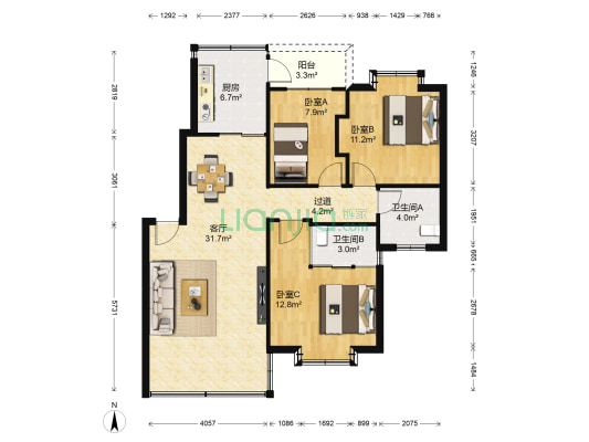 龙福苑 3室1厅2卫 99平方