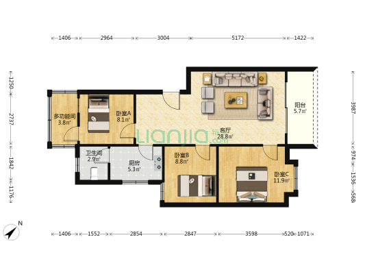 诚信苑B区 4室1厅1卫 87平方