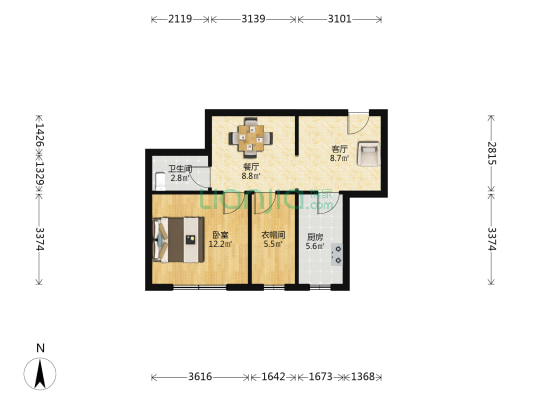 融创公园壹号 1室2厅1卫 67平方