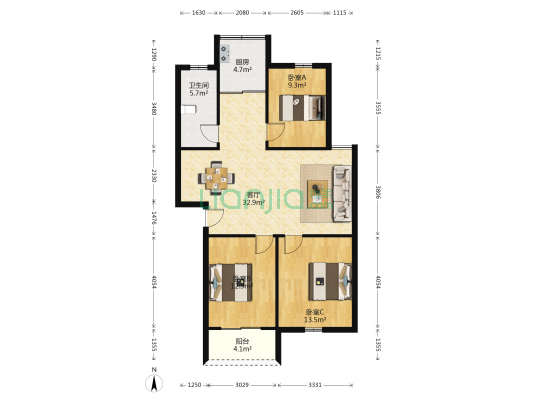 （叶祠南苑3-2-1-1 97.00m² 56 万）-户型图