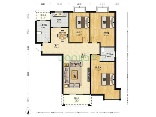 清河城市广场 3室2厅2卫 130平方