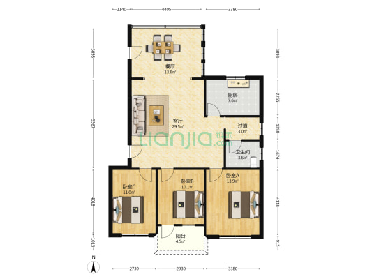 茶花园小区 3室2厅1卫 110平方