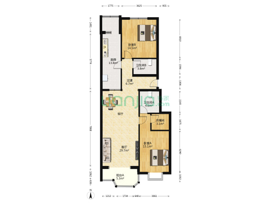 新康街1号院 2室1厅2卫 130平方