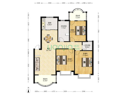 万众星苑 3室1厅2卫 120平方