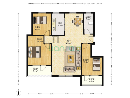 耕读世家 3室1厅1卫 114平方