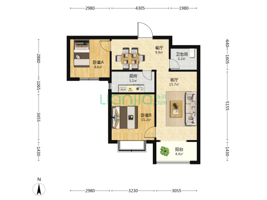 锦绣江南 2室2厅1卫 87平方