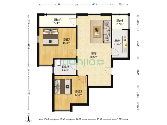 田喜盛园 2室1厅1卫 96平方
