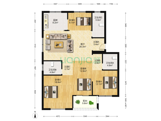 紫金兰庭 4室1厅3卫 141平方