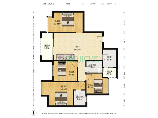 中核天玺一品 4室1厅2卫 114平方