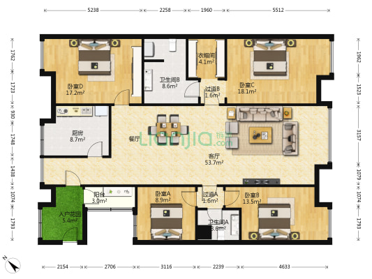 海湾新家园 4室1厅2卫 177平方
