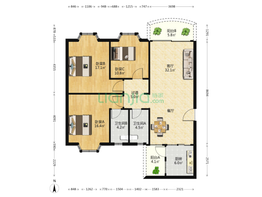 富顺阁 3室1厅2卫 121平方