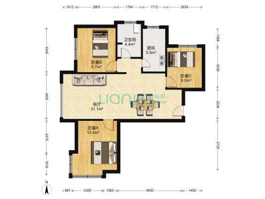 潮白河孔雀城香醍园东区 3室1厅1卫 84平方