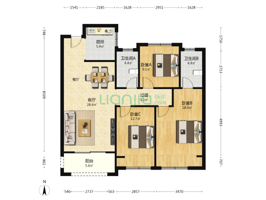 宇龙水木清华 3室1厅2卫 124平方