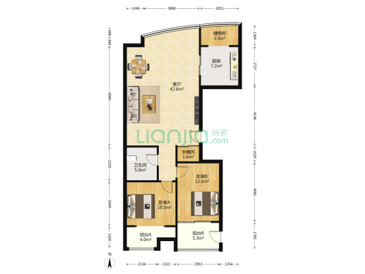 金色九州 2室1厅1卫 133平方