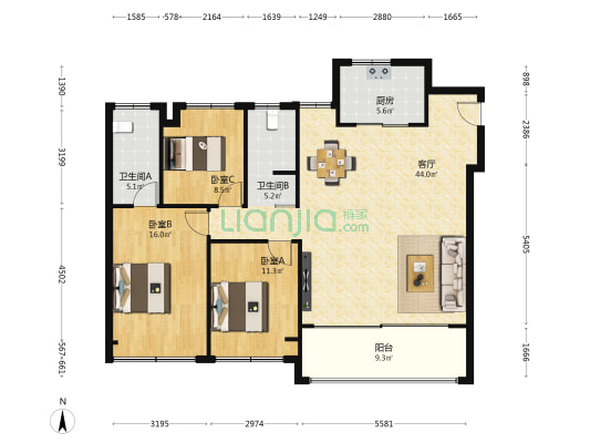 紫京四季 3室1厅2卫 125平方