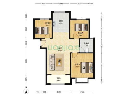 样板间户型三居，双通透户型，精装优选房-户型图