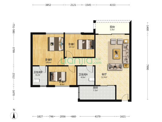 嘉华世家 3室1厅2卫 103平方