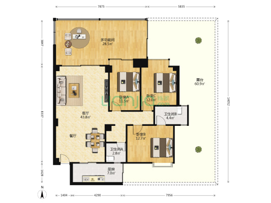 天宝花园二期 4室1厅2卫 122平方