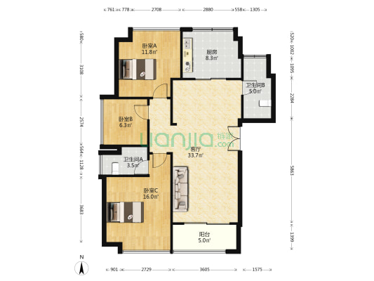 麓府大院 3室1厅2卫 121平方