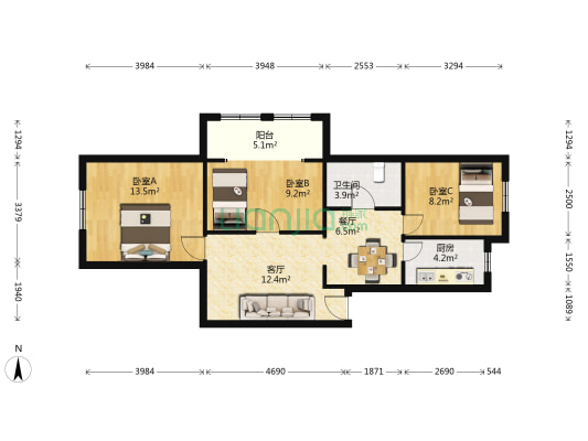 建和巷 3室2厅1卫 63平方