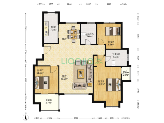 金池名郡 3室1厅2卫 135平方
