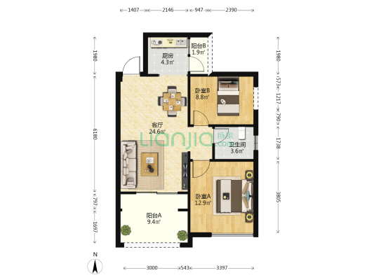 嘉福锦里 2室1厅1卫 75平方