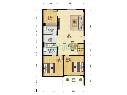 惠鸿花园 3室1厅2卫 101平方