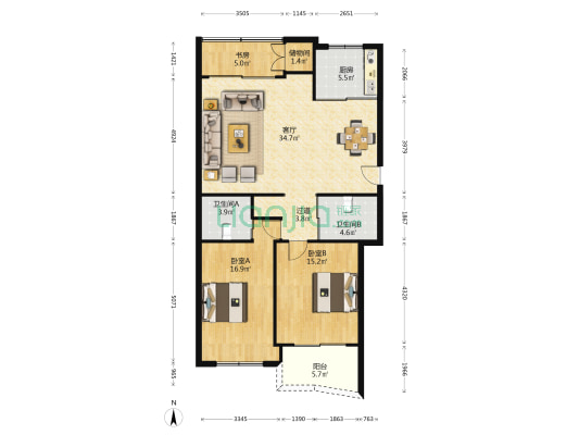闻莺公寓 3室1厅2卫 111平方