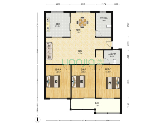 仕事城园 3室2厅2卫 152平方