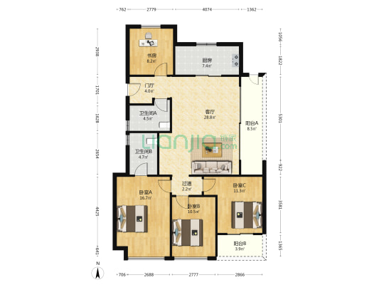 杭曜置地中心一区 4室1厅2卫 137平方