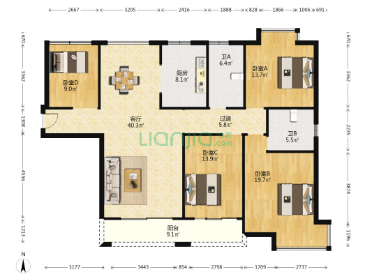 海岸城C区 4室1厅2卫 155平方