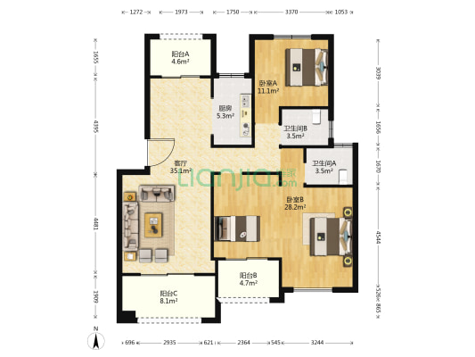 金域豪廷 2室1厅2卫 115平方