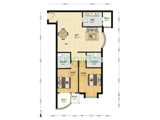 新贵都万体景苑 2室1厅2卫 119平方