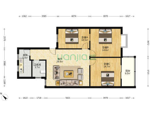 竹韵大道68号 3室1厅1卫 104平方