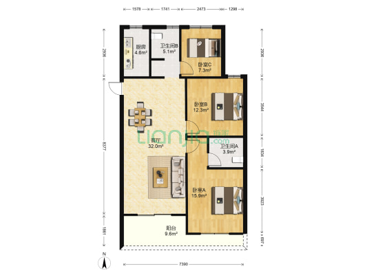 水岸家园 3室1厅2卫 121平方