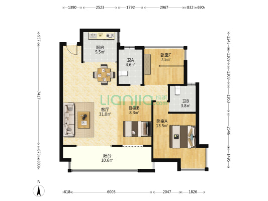 光明府A区 3室1厅2卫 111平方