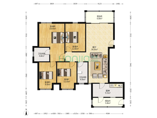 上海广场 4室1厅2卫 148平方