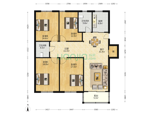 庄桥公寓 4室1厅2卫 161平方