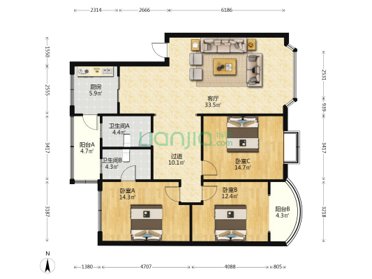 辰居路77号 3室1厅2卫 124平方