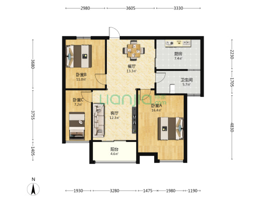 繁荣广场 3室2厅1卫 95平方