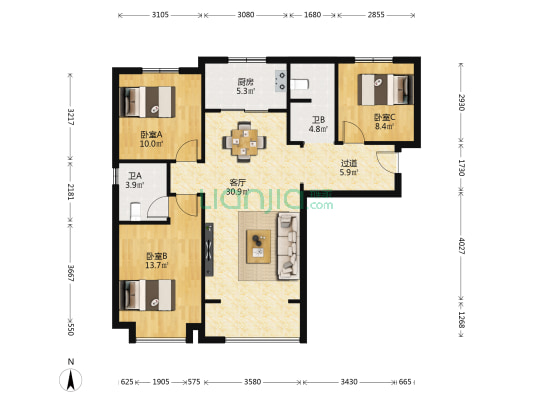 龙舟·壹号院 3室1厅2卫 113平方