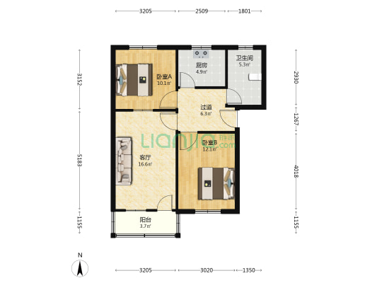 劳动路26号院 2室1厅1卫 73平方