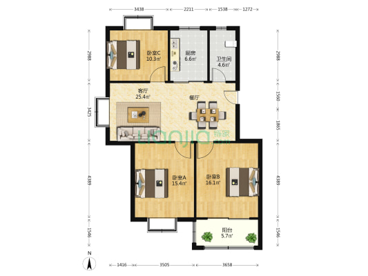 浦江南苑 3室1厅1卫 105平方