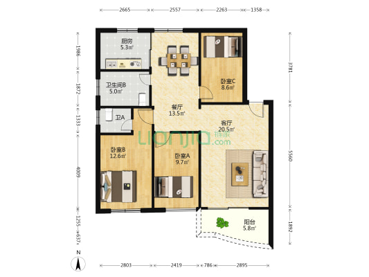 方海商苑 3室2厅2卫 100平方
