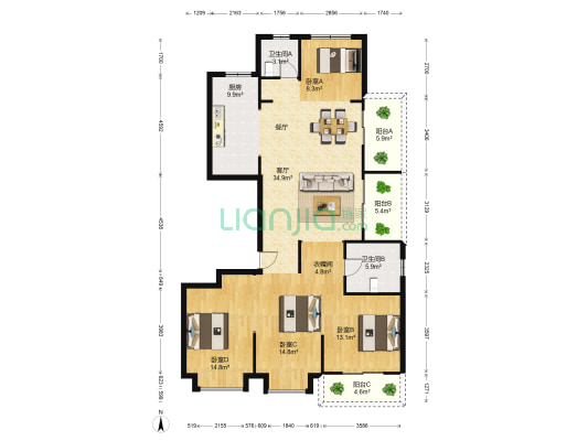 禹德华庭 4室1厅2卫 160平方