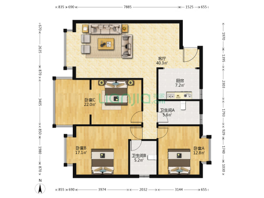 气象局宿舍 3室1厅2卫 123平方
