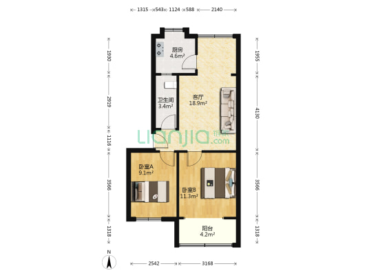 二重生活区106号 2室1厅1卫 63平方