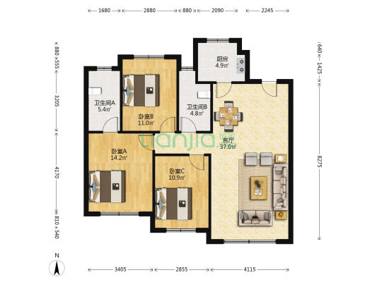 熙悦和府 3室1厅2卫 113平方