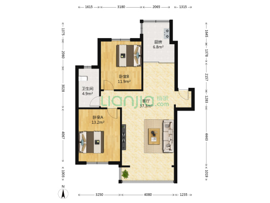 中房上东花墅牡丹园 2室1厅1卫 94平方