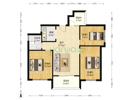 栖霞府南苑 3室1厅1卫 89平方